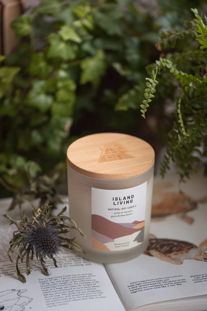 Island Living natural soy candle in frosted glass jar with bamboo lid.