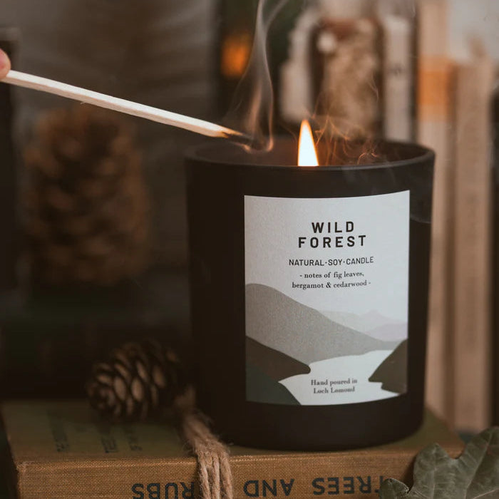 Black soy candle with "Wild Forest" label, featuring notes of fig leaves, bergamot, and cedarwood.