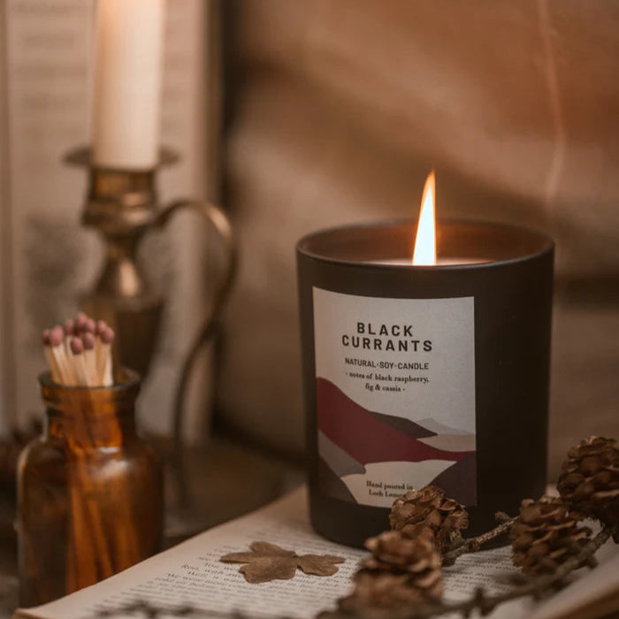 Black Currants natural soy candle in a dark brown jar, lit, with label showing scent notes.