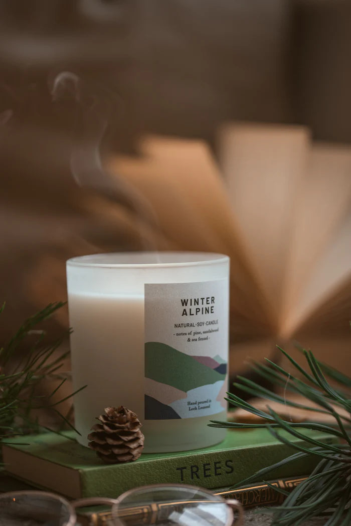 Frosted glass Winter Alpine soy candle with a green and beige label; notes of pine, sandalwood, and sea fennel.