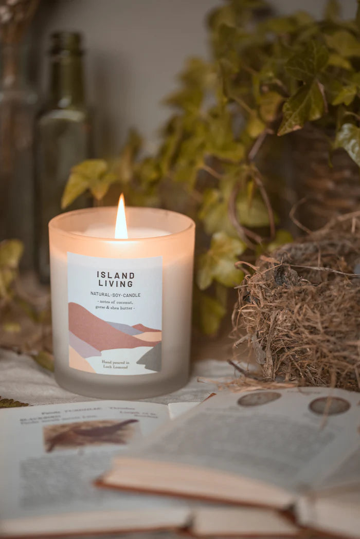 Lit Island Living natural soy candle in frosted glass jar with minimalist label.