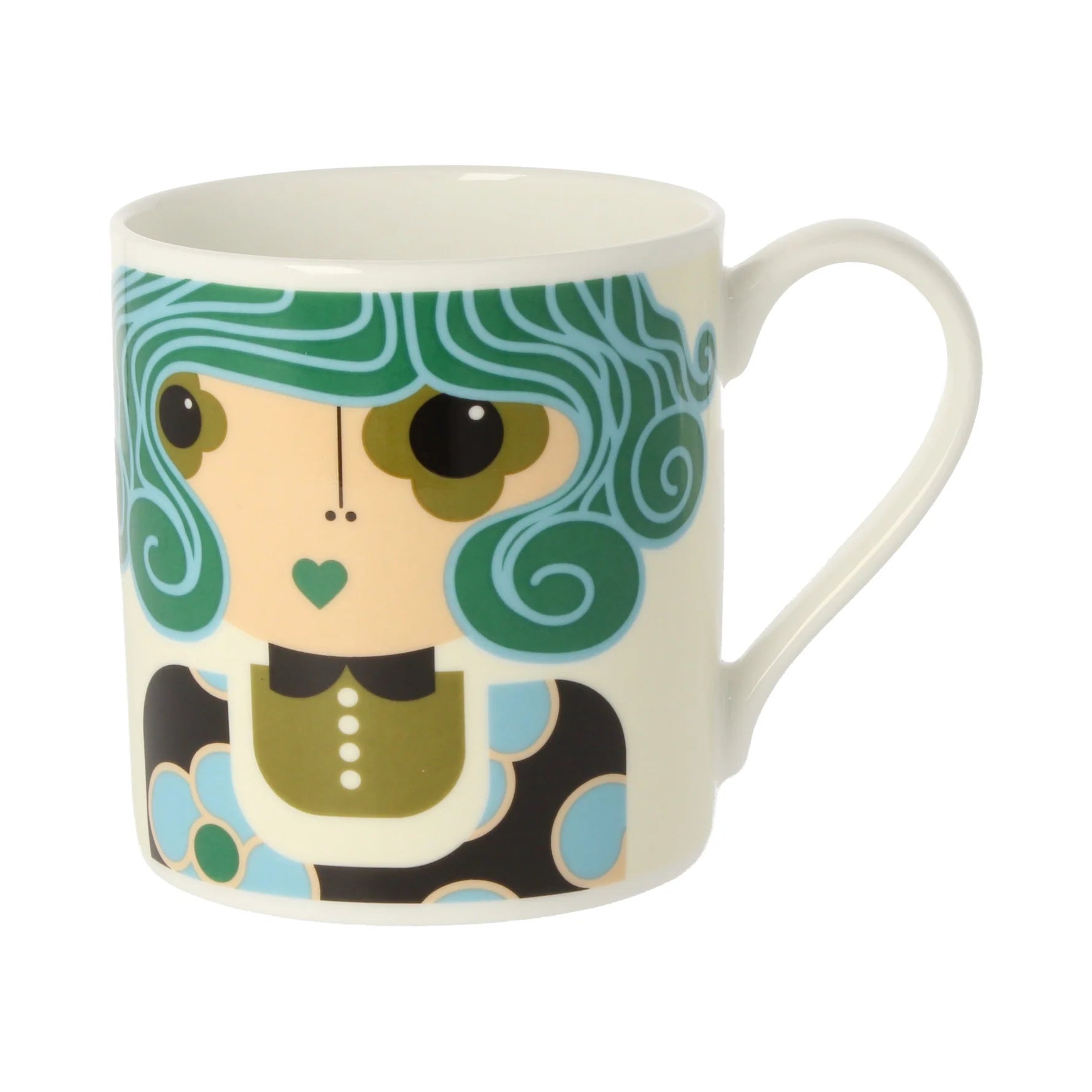 Mug with a decorative design of a character with green hair on a white background