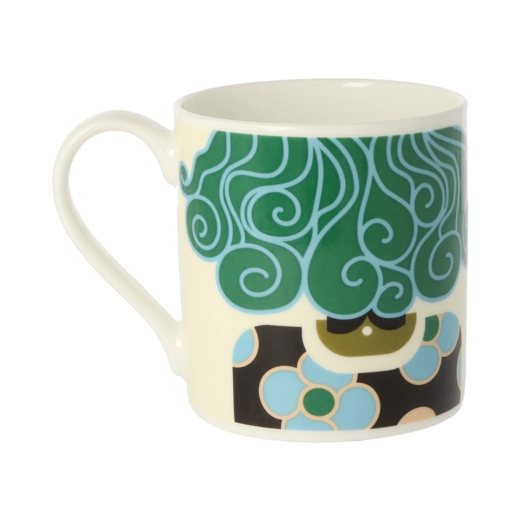 Mug with a decorative design featuring green swirls and blue flowers on a white background