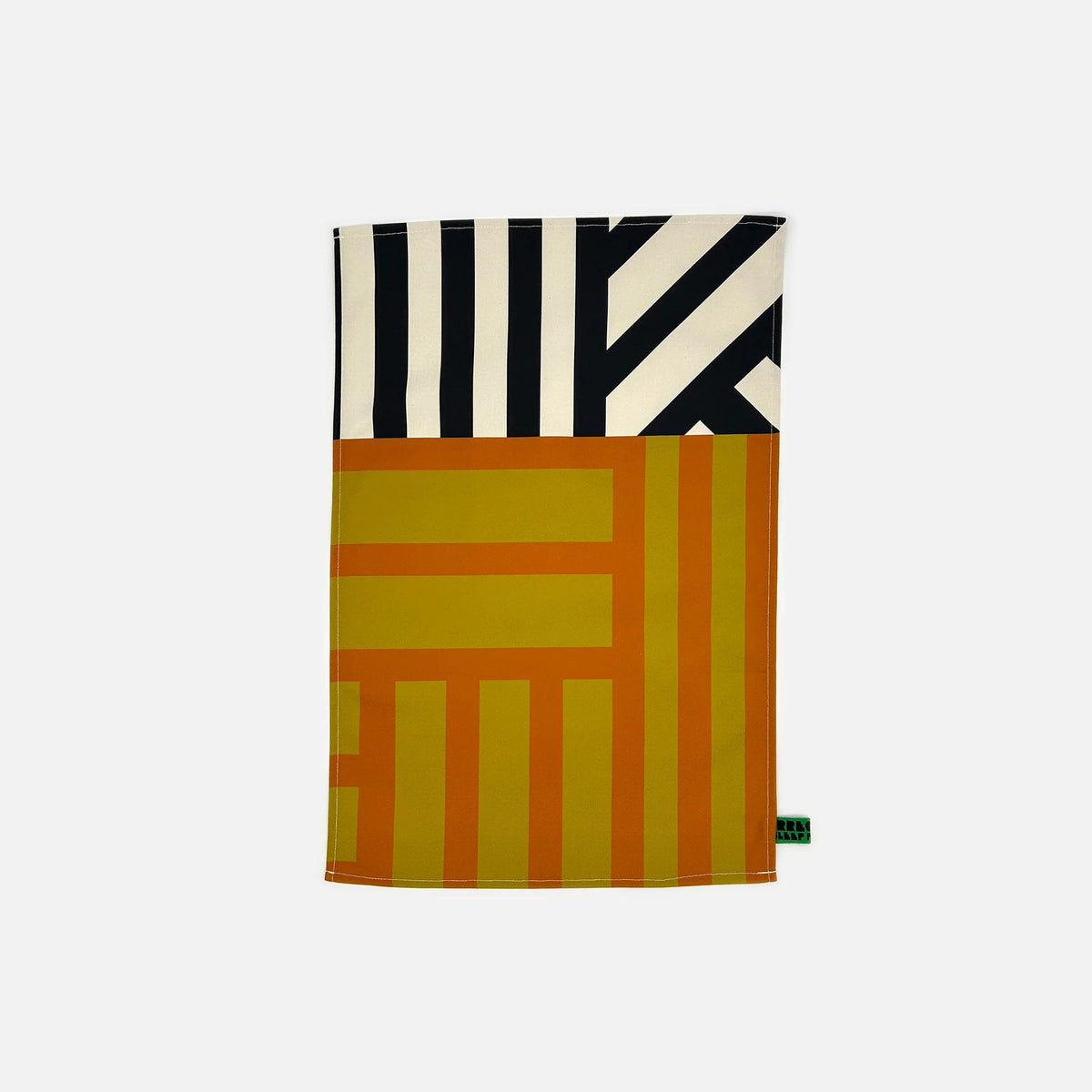 A folded textile item, likely a scarf or small towel, featuring a bold geometric pattern with black and cream stripes on the top half and mustard yellow, orange, and olive green blocks on the bottom half, shown against a plain light gray background.