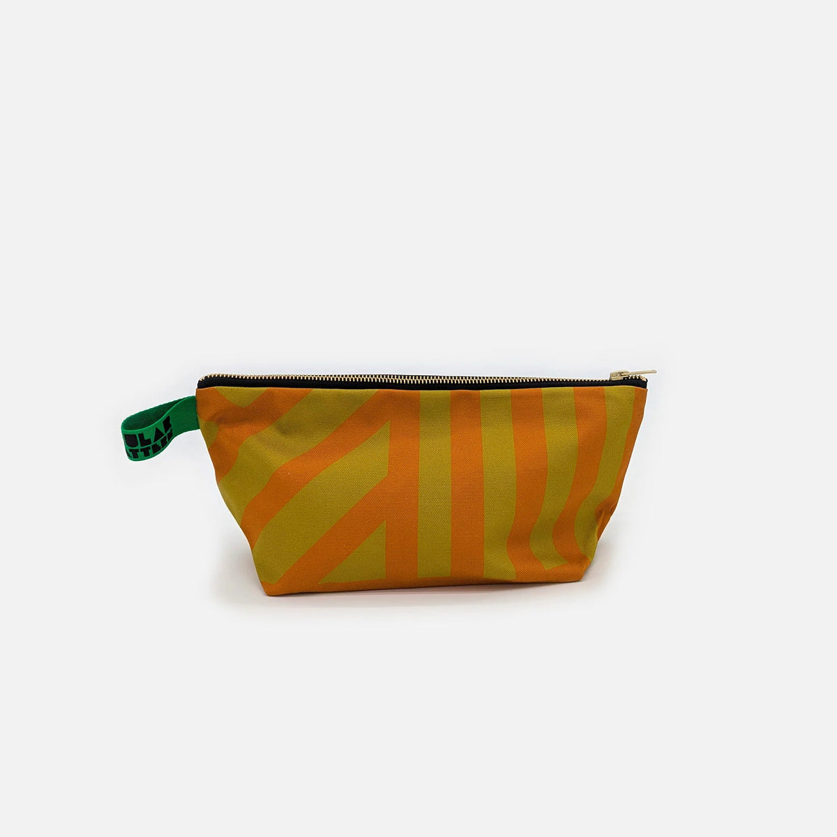 Small pouch with green and orange striped pattern on a white background
