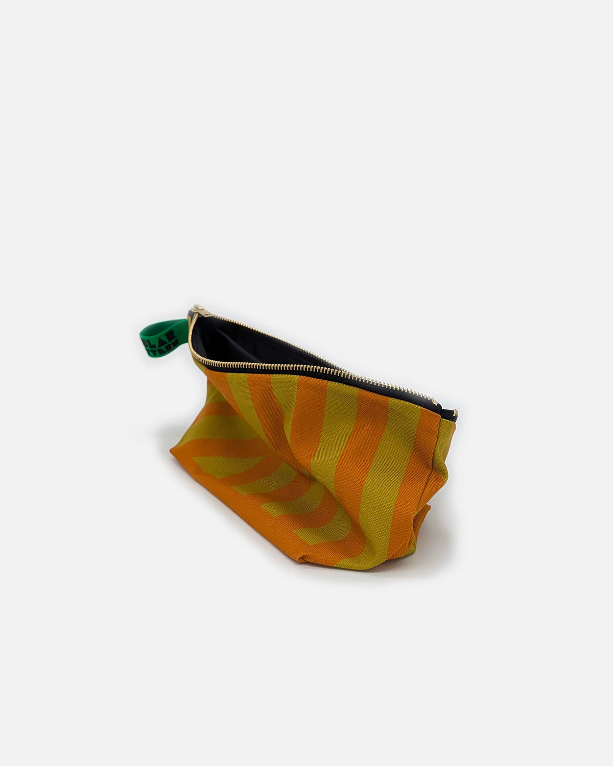 Small pouch with green and yellow striped pattern on a white background