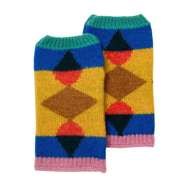 A pair of colorful hand-knit leg warmers featuring a retro geometric pattern with yellow, blue, green, brown, red, and pink sections.