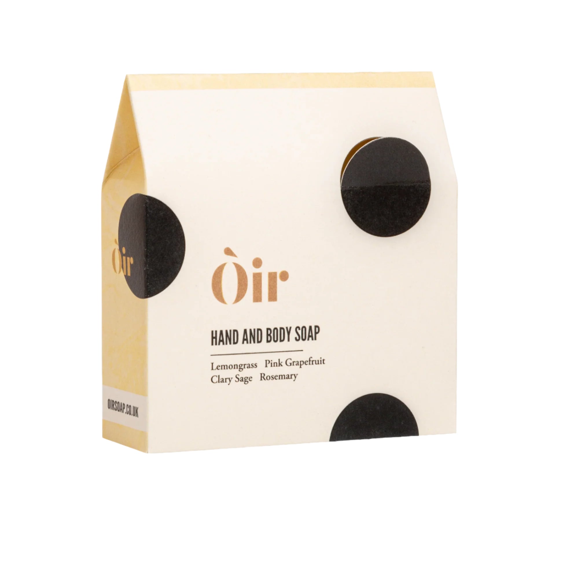 A packaged bar of hand and body soap with the brand name 'Oir' on it, with a scent profile of lemongrass, pink grapefruit, sage, and rosemary.