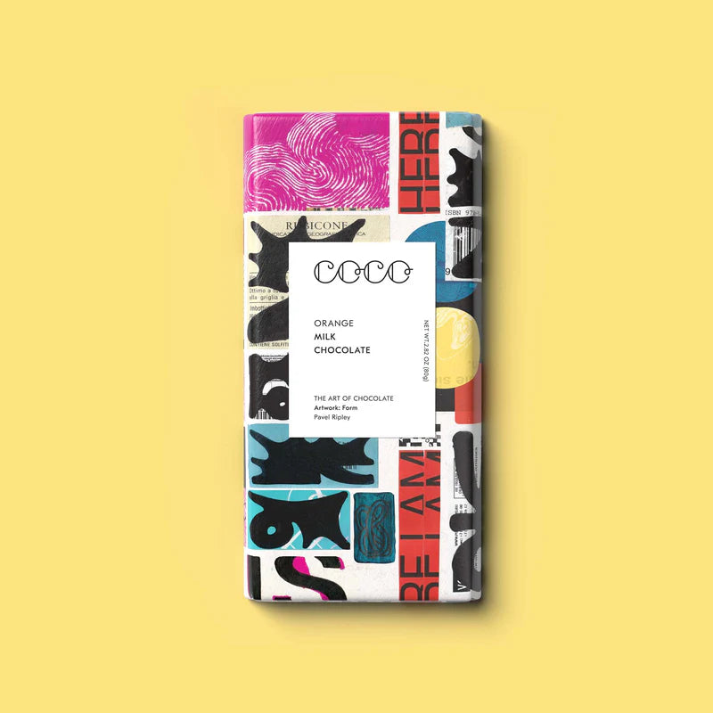 Orange milk chocolate bar with colorful collage artwork by Pavel Ripley.