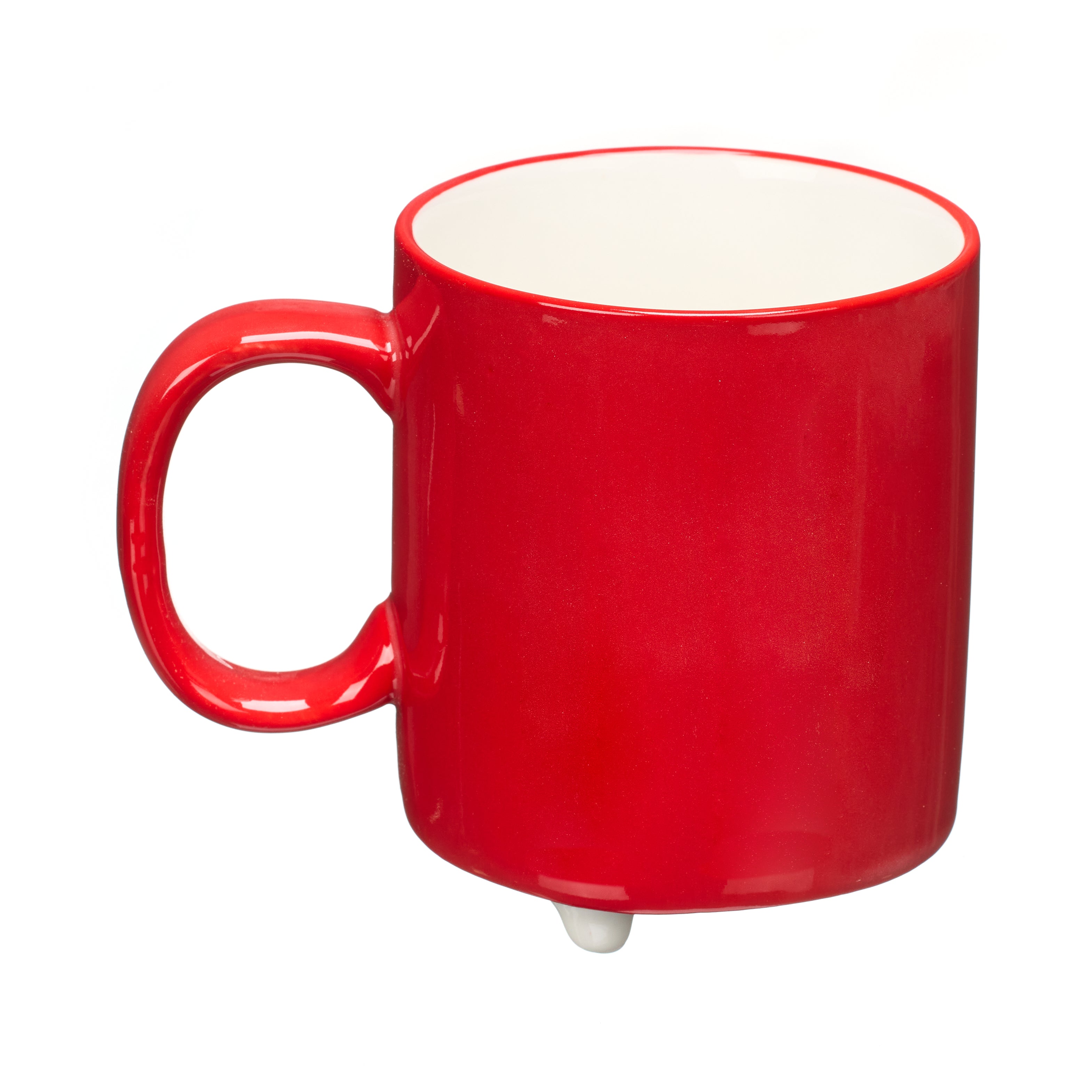 A solid red mug with a white interior, featuring a C-shaped handle.