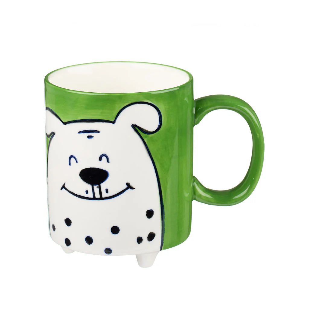 Green mug with a cartoon Dalmatian dog design.