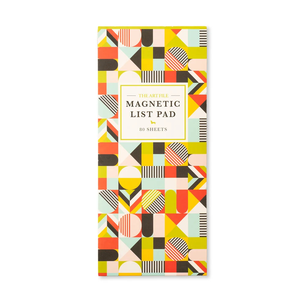 The Nite Magnetic List Pad by 80 Sheets, featuring a colorful geometric pattern of triangles, circles, and stripes on its cover, shown against a plain white background.