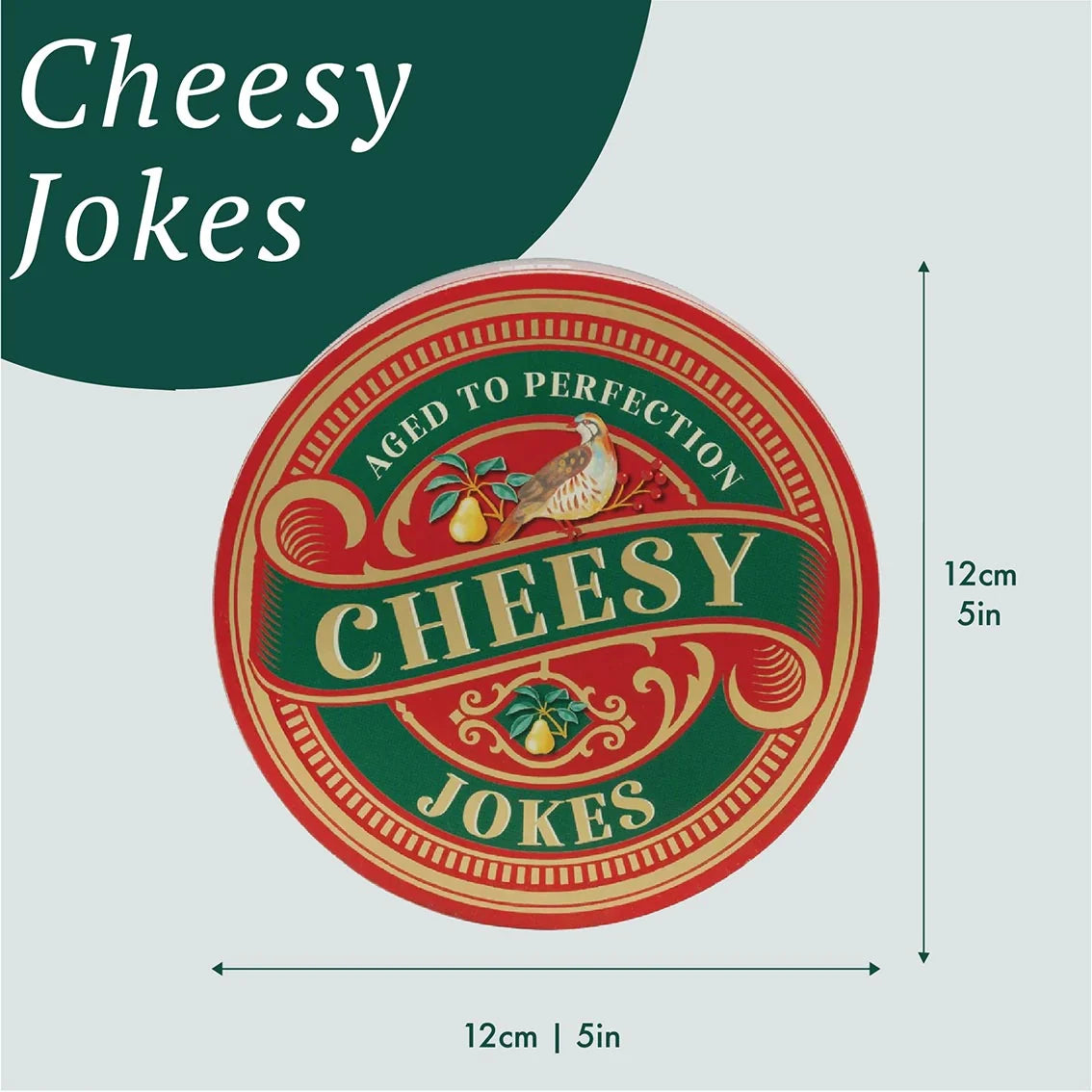 Round label with 'Cheesy Jokes' text and dimensions on a light gray background