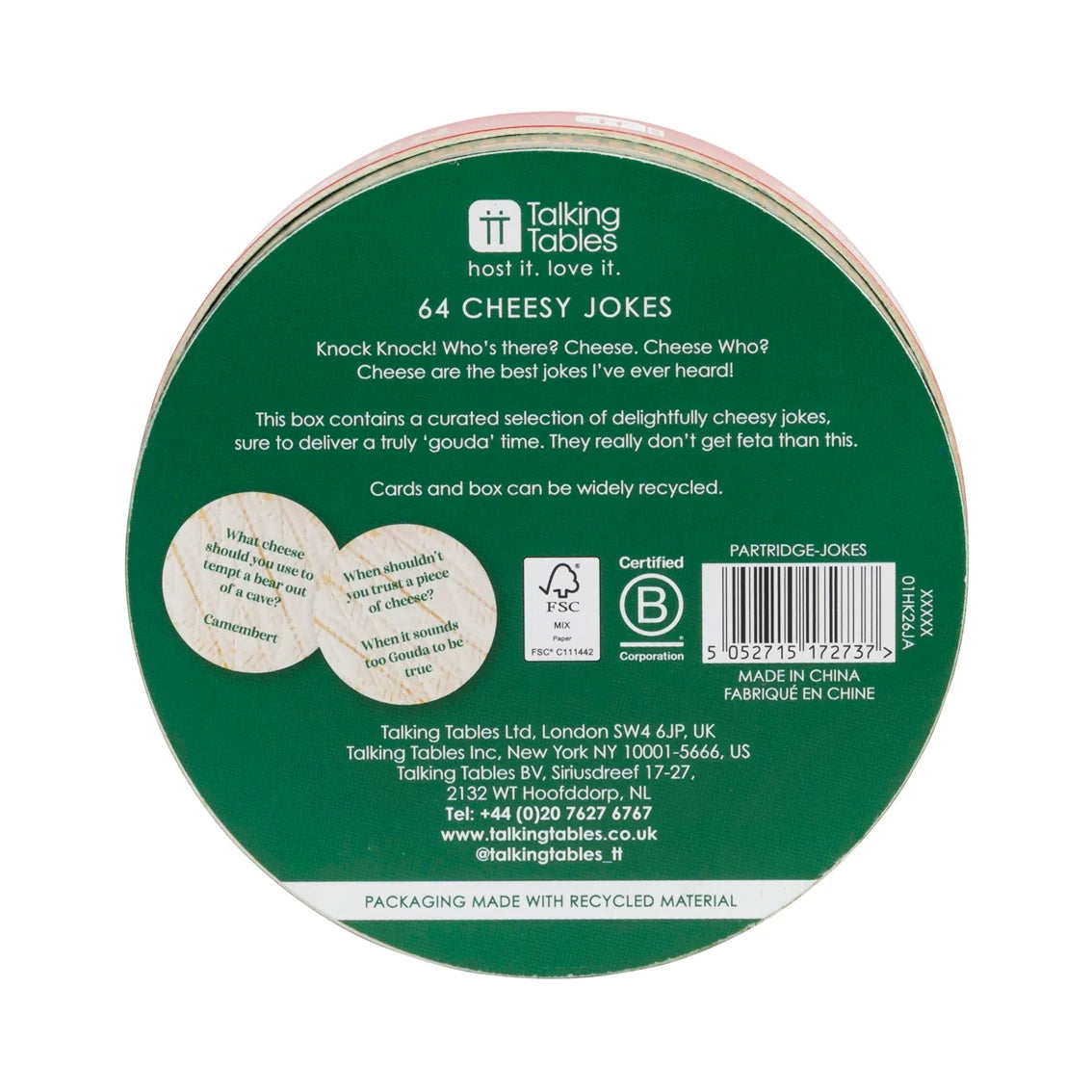 Green round box with text and a logo on a white background