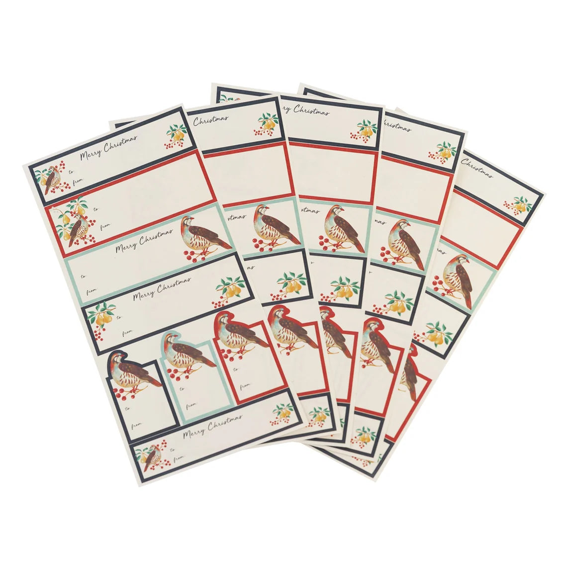 A fan arrangement of Christmas-themed gift tags or labels with vintage bird illustrations, floral accents, and text including 'Merry Christmas' on a plain white background.