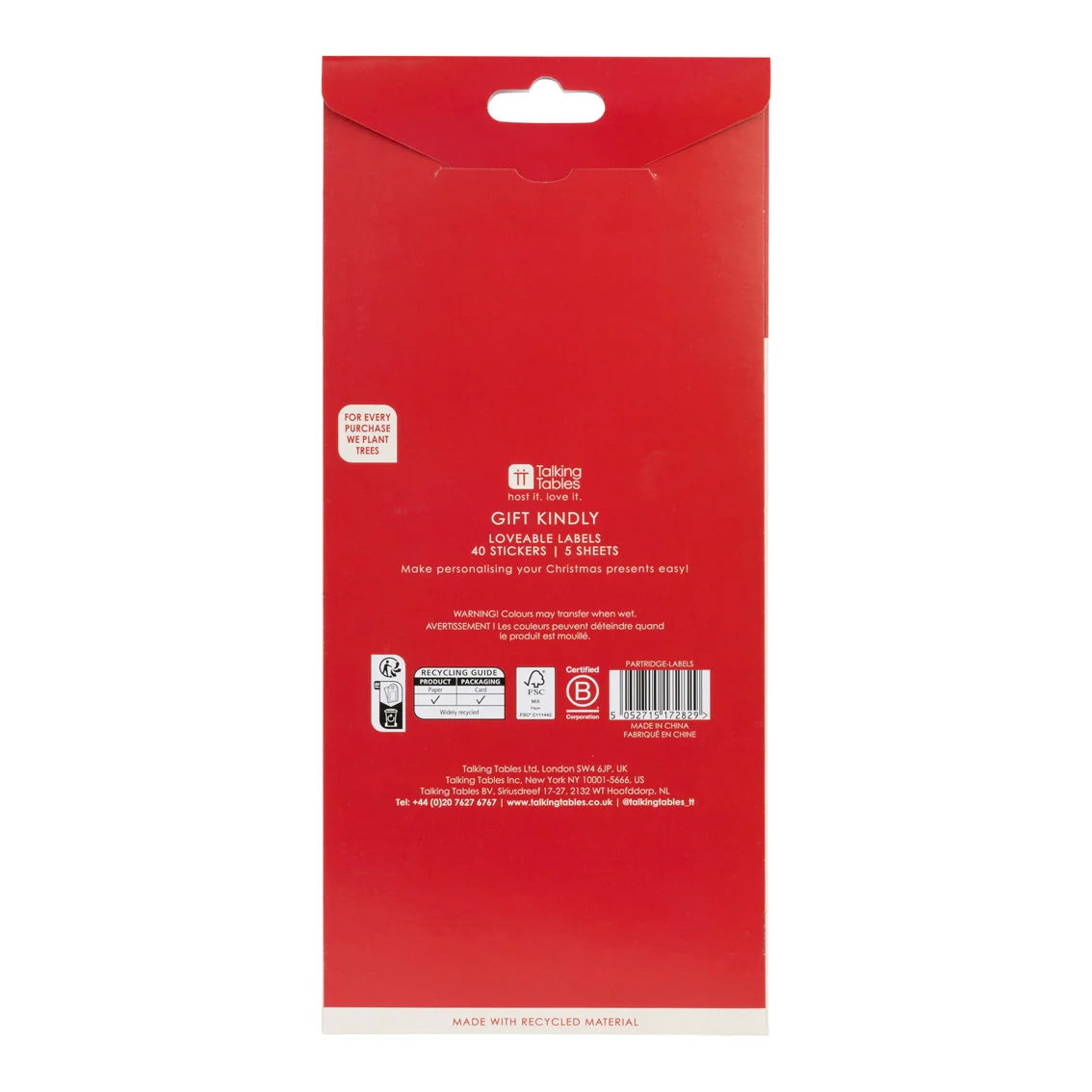 The back of a red hanging gift card packaging sleeve by The Happy Card Company, featuring product details, a barcode, and recycling information on a white background.