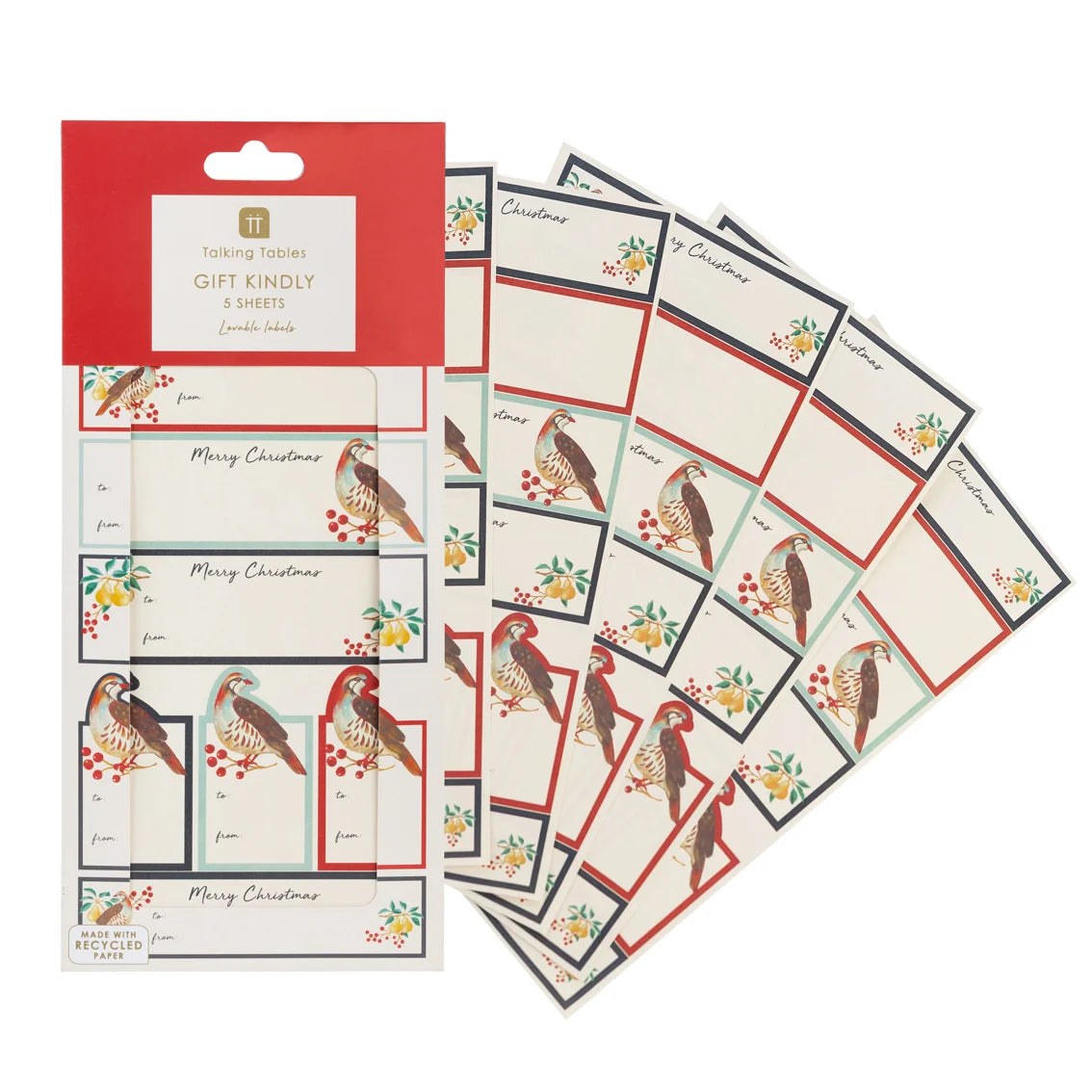 Taking Kindly Gift Kindly Christmas gift tags in a red and white hanging card package, with several sample tags fanned out beside it. The tags feature vintage-style bird illustrations and holiday borders.