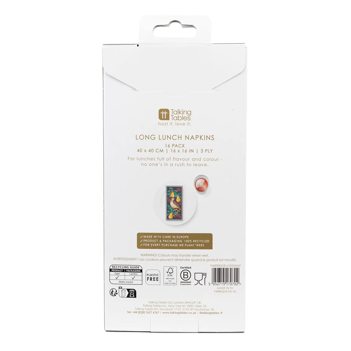 The back of the retail packaging for 'Taking Table' Long Lunch Napkins, showing product details, dimensions, and barcode on a white background.