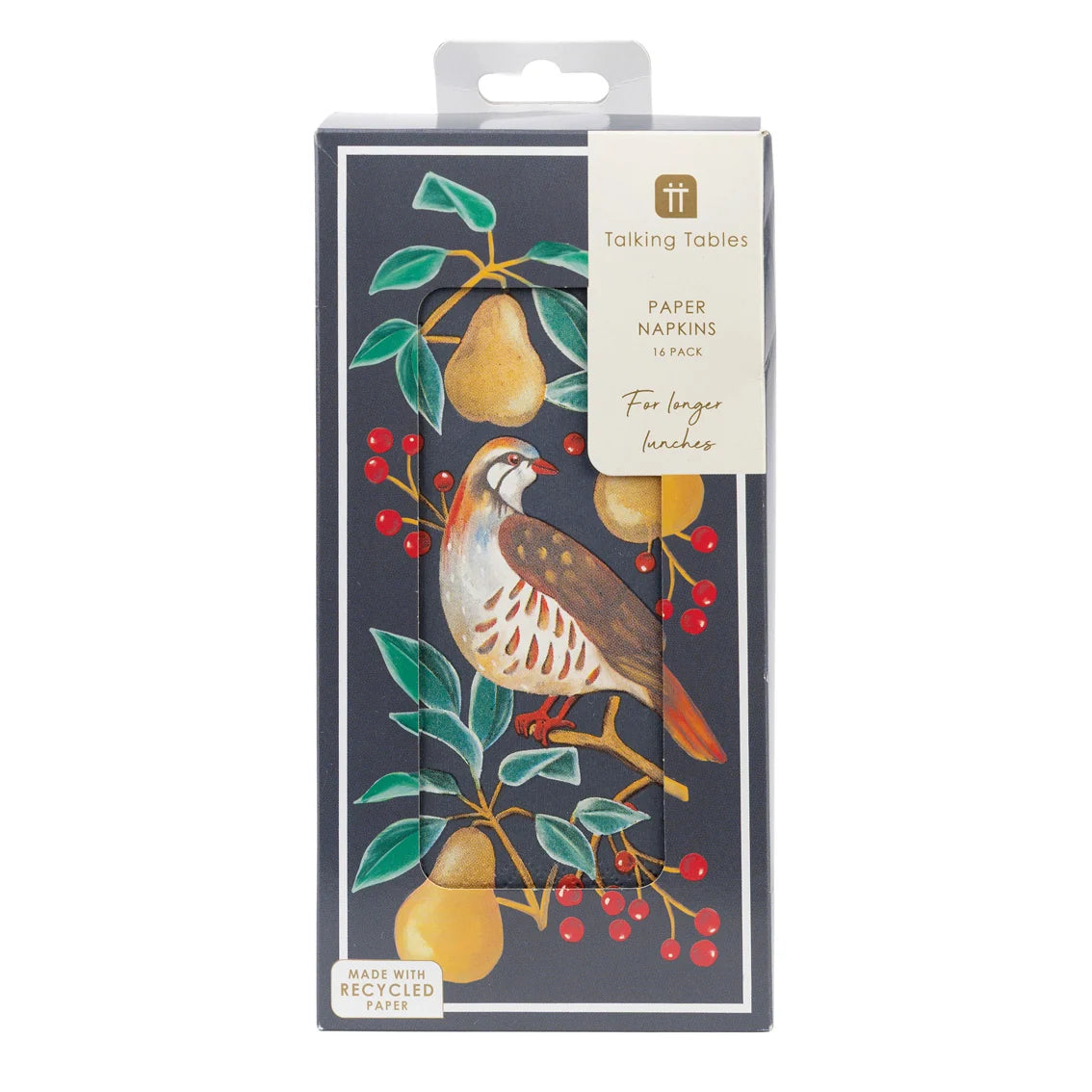 Pack of paper napkins with bird and pear design on a white background