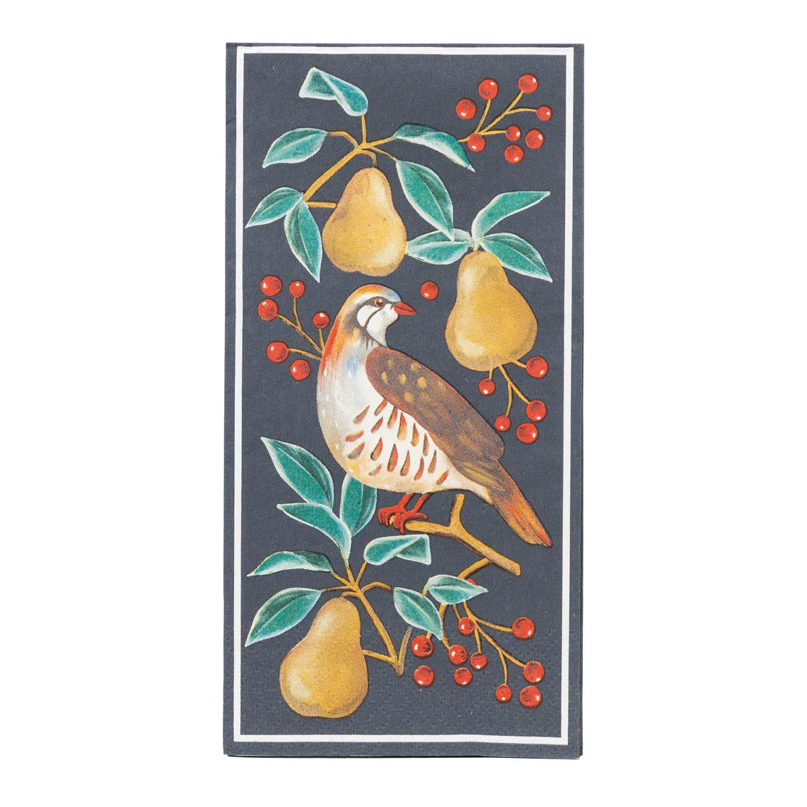 Decorative towel with a bird and pear design on a dark background