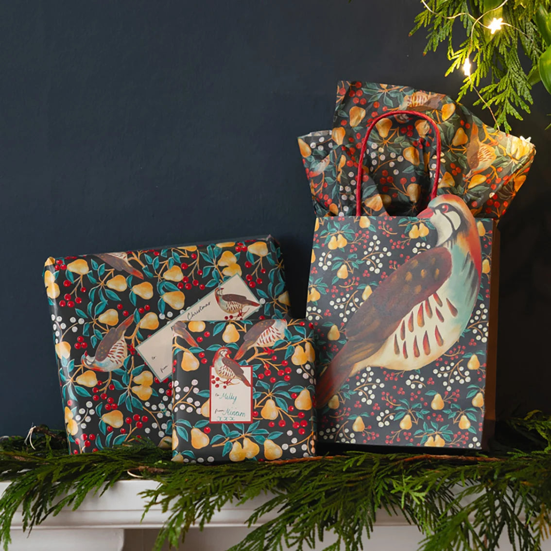 Two decorative gift bags with bird designs on a dark background