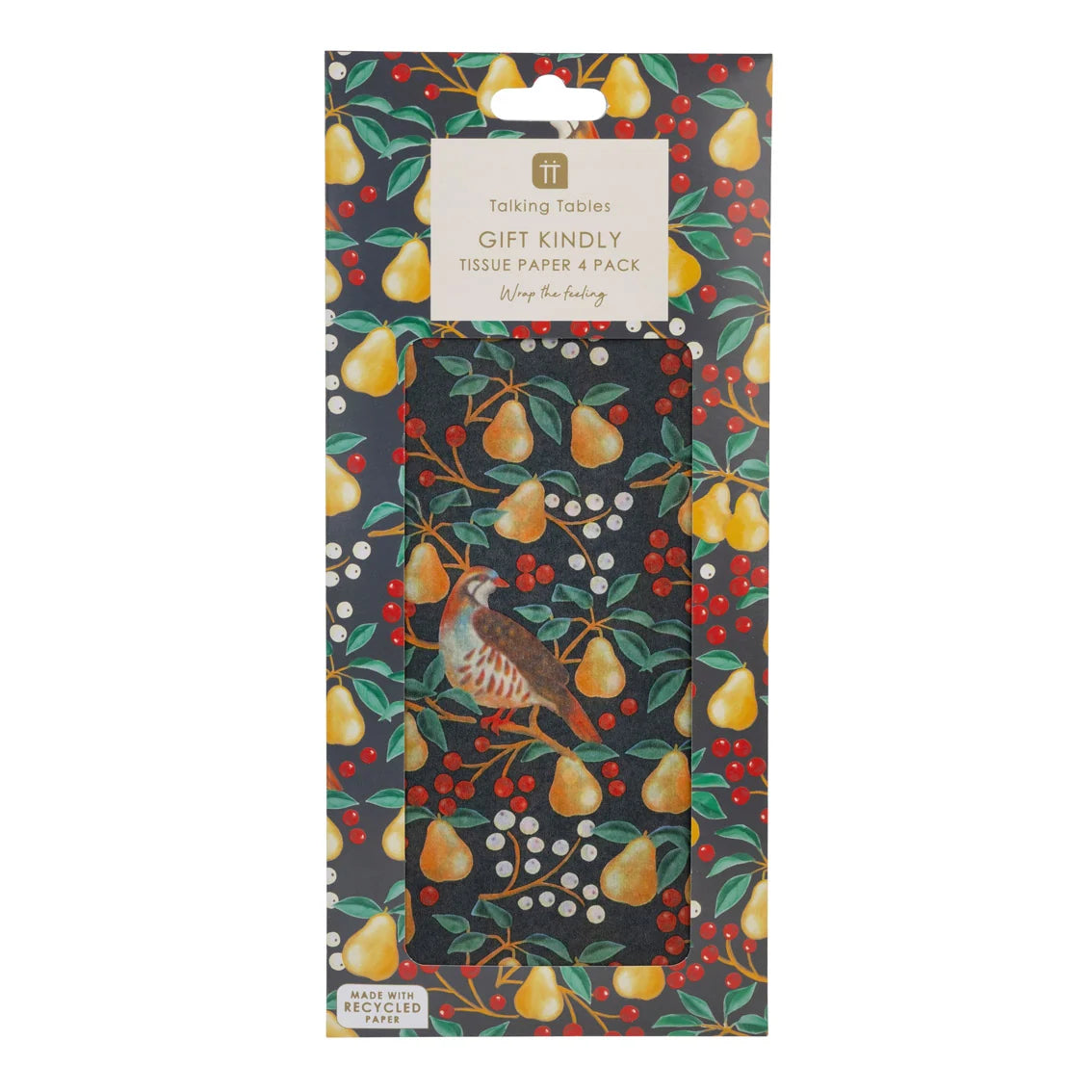 Packaged tissue paper with pear and bird design on a white background