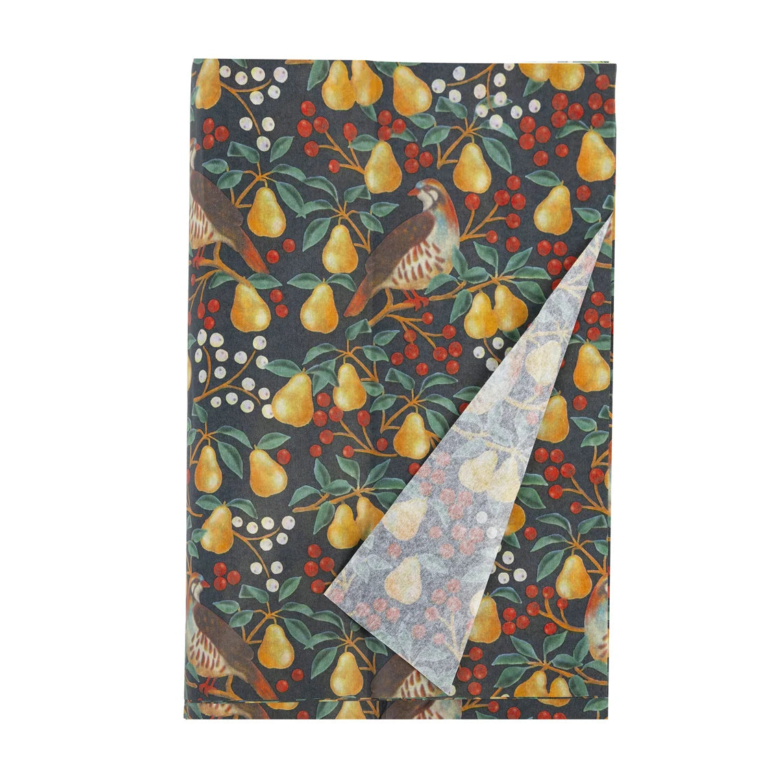 A folded fabric item, likely a napkin or small table linen, featuring a detailed print of pears, berries, and birds on a dark background. A corner is folded back to reveal a lighter, patterned reverse side, set against a plain white background.