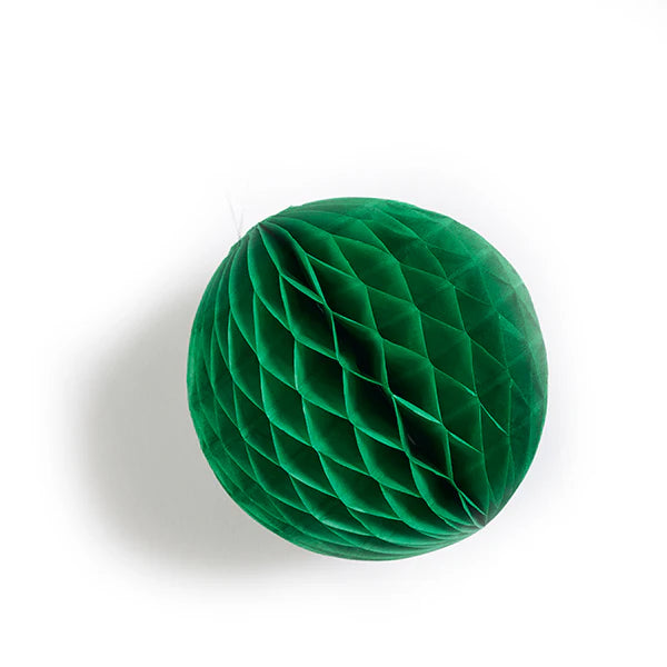 Dark green honeycomb paper ball decoration. The ball has a textured, three-dimensional surface.