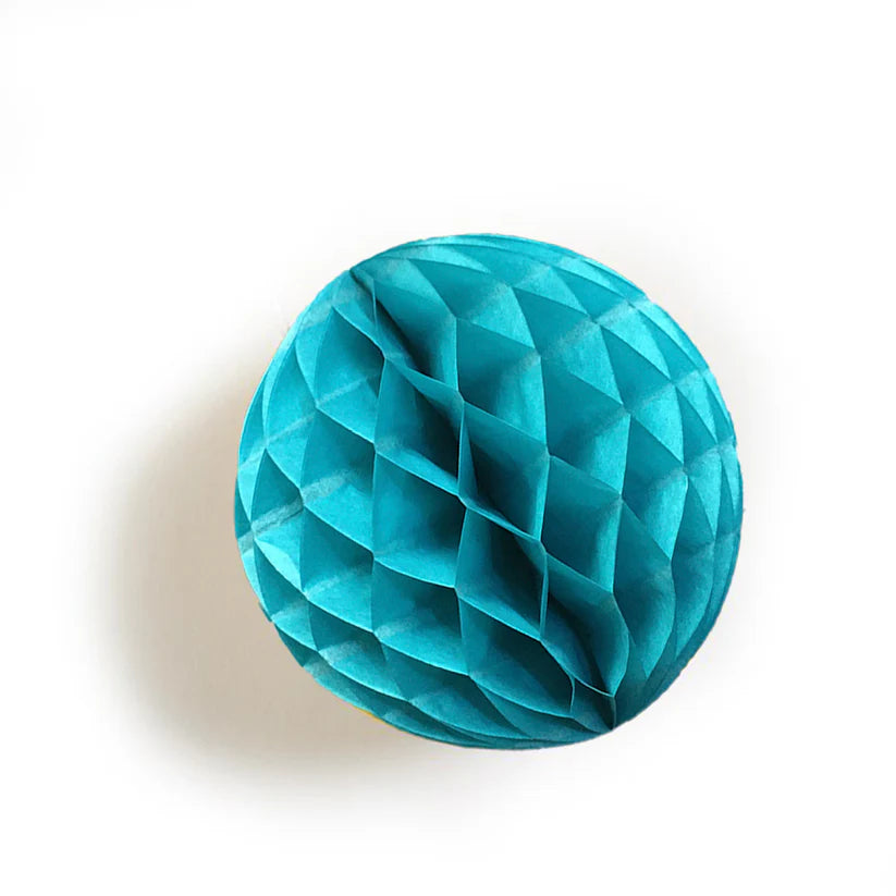 Teal honeycomb paper ball decoration.