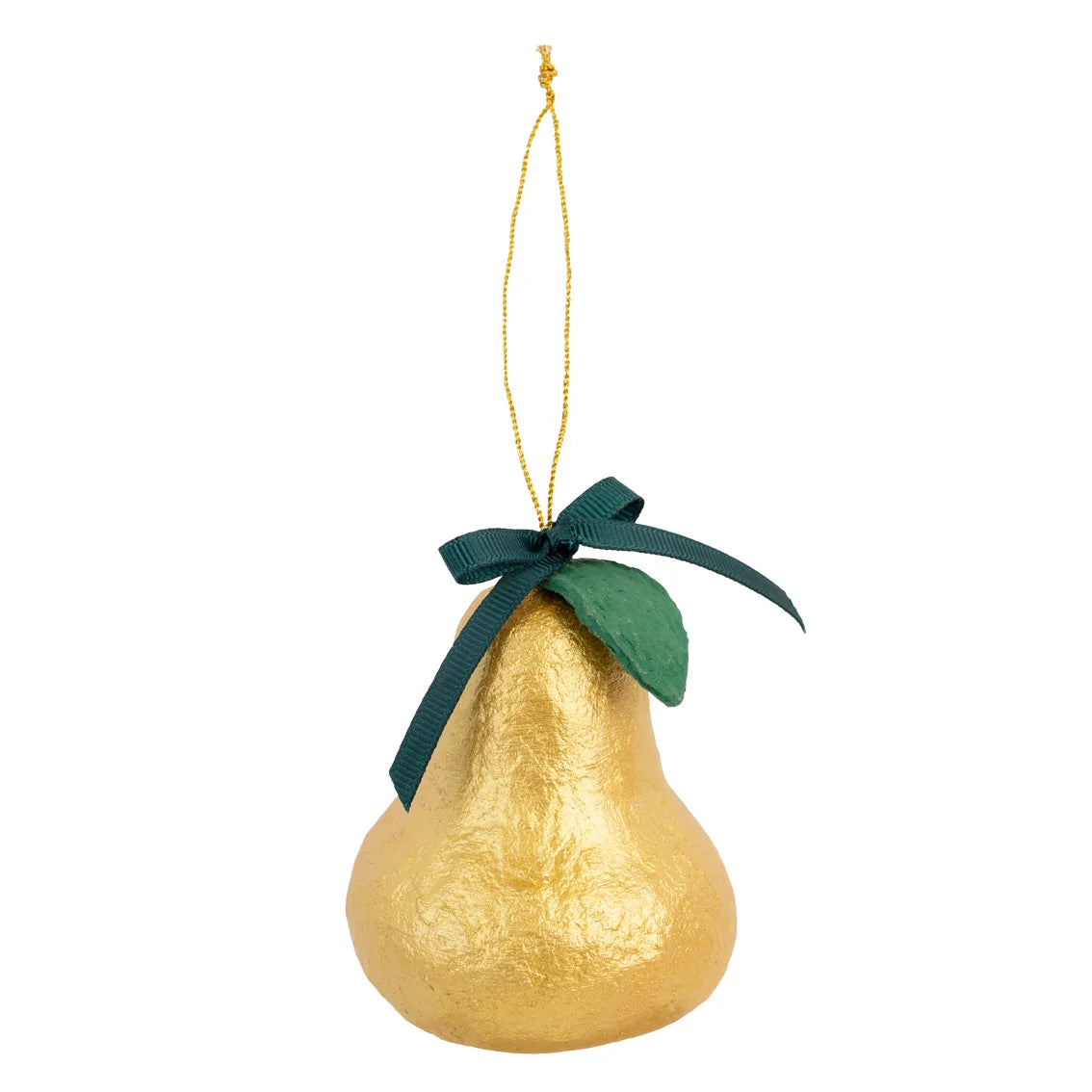 Gold pear-shaped ornament with a green bow and leaf on a white background