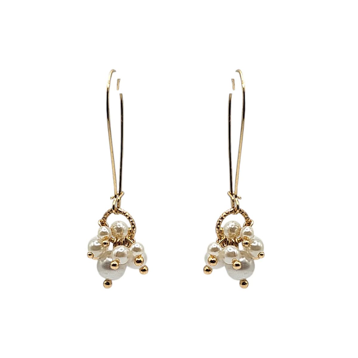 Pair of pearl earrings with gold accents on a white background