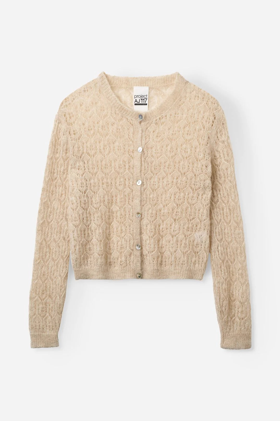 Beige knitted cardigan on a white background