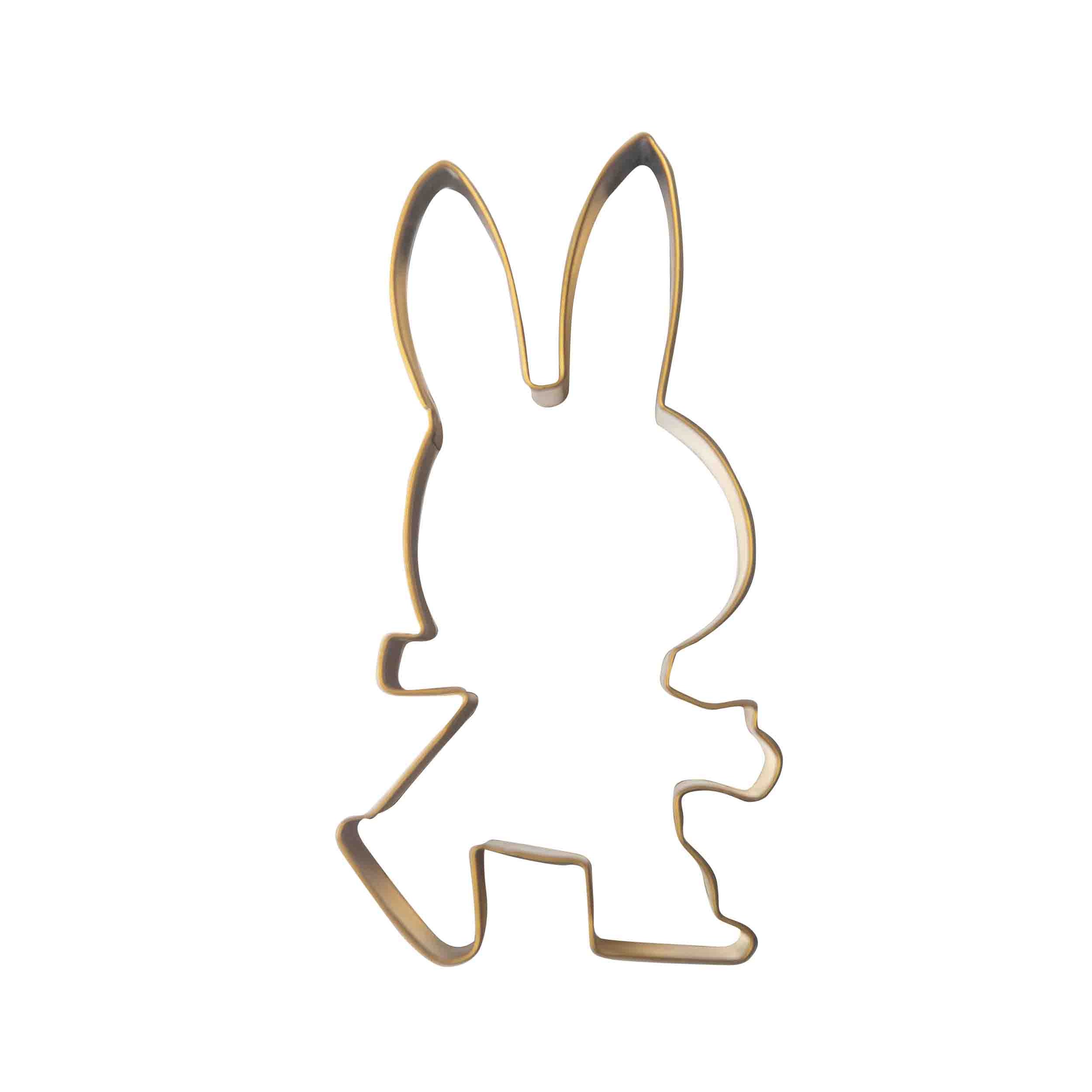 Gold metal rabbit-shaped cookie cutter.