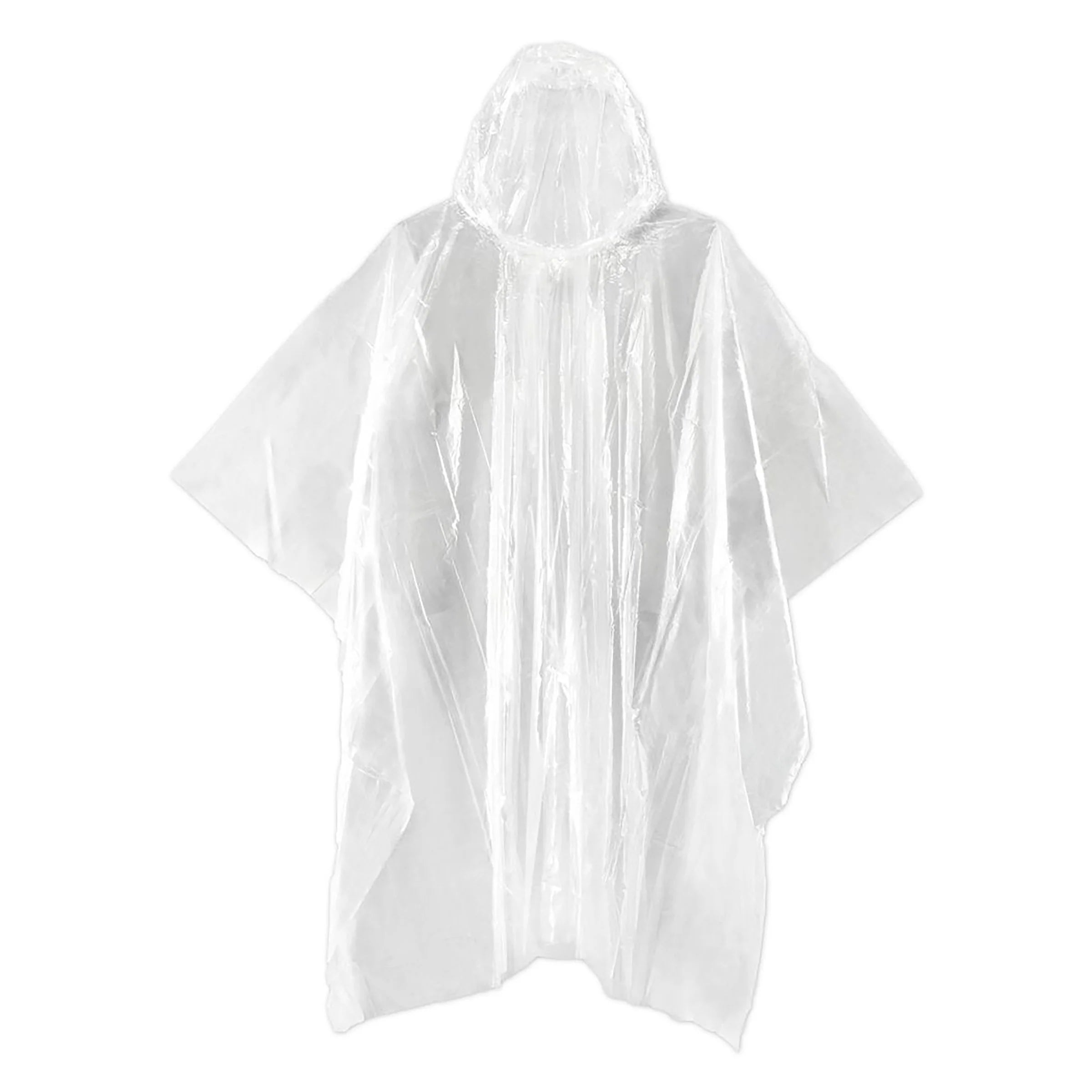 Clear plastic poncho with attached hood.  Lightweight and disposable design.