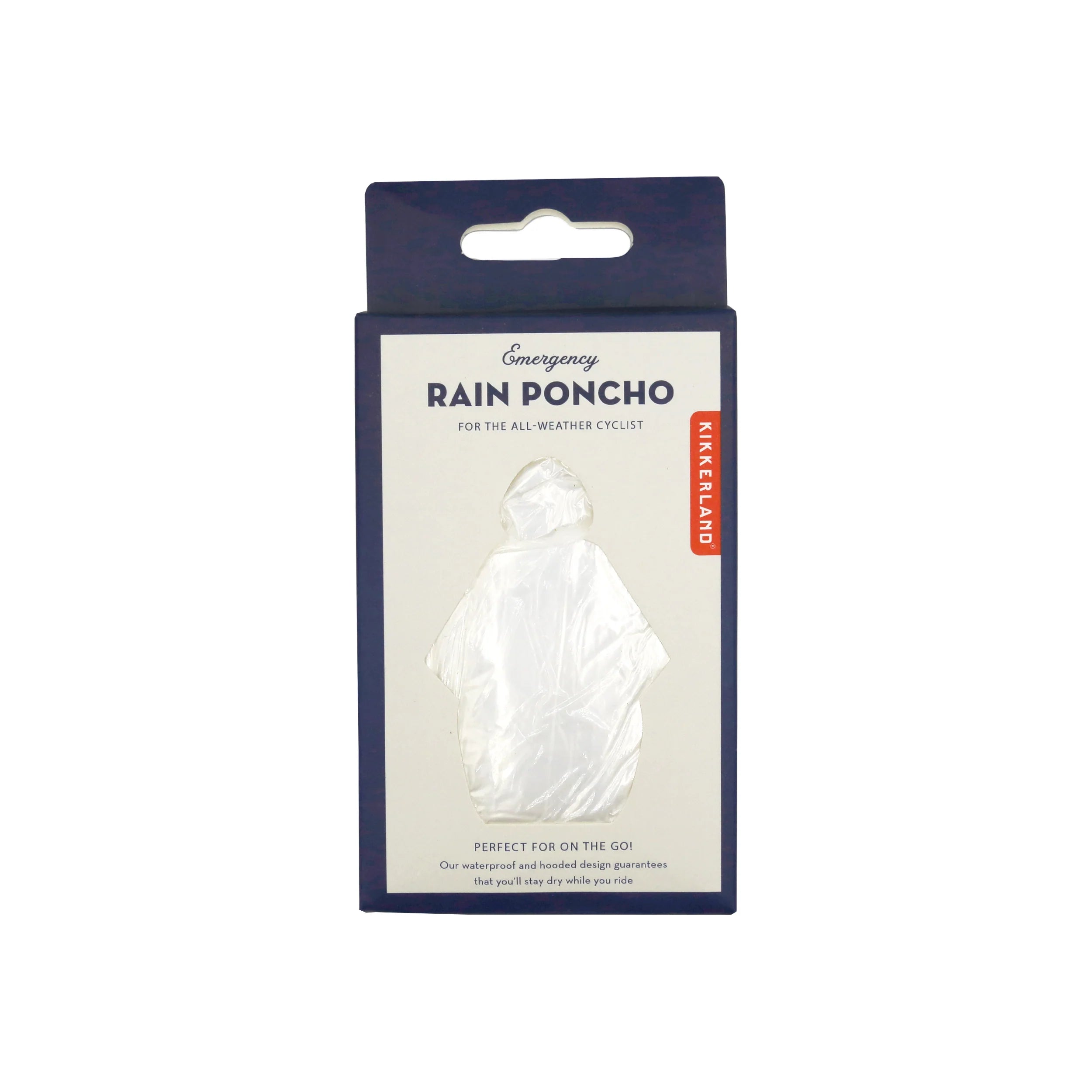 White emergency rain poncho in a navy blue box, designed for cyclists.  The box shows a hooded poncho design.