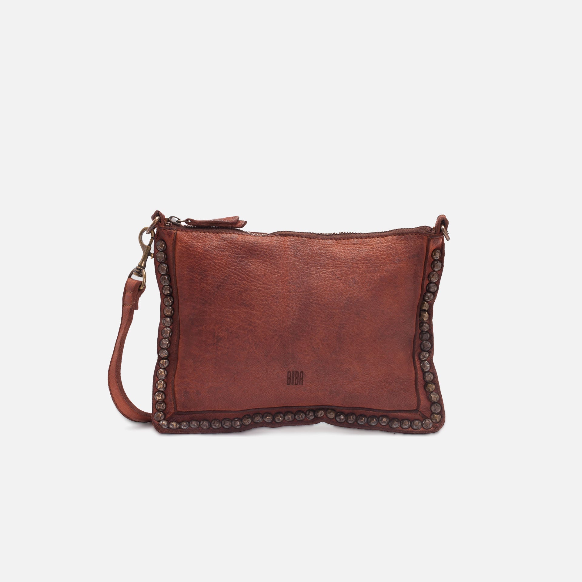 Brown leather crossbody bag with decorative studs on a white background