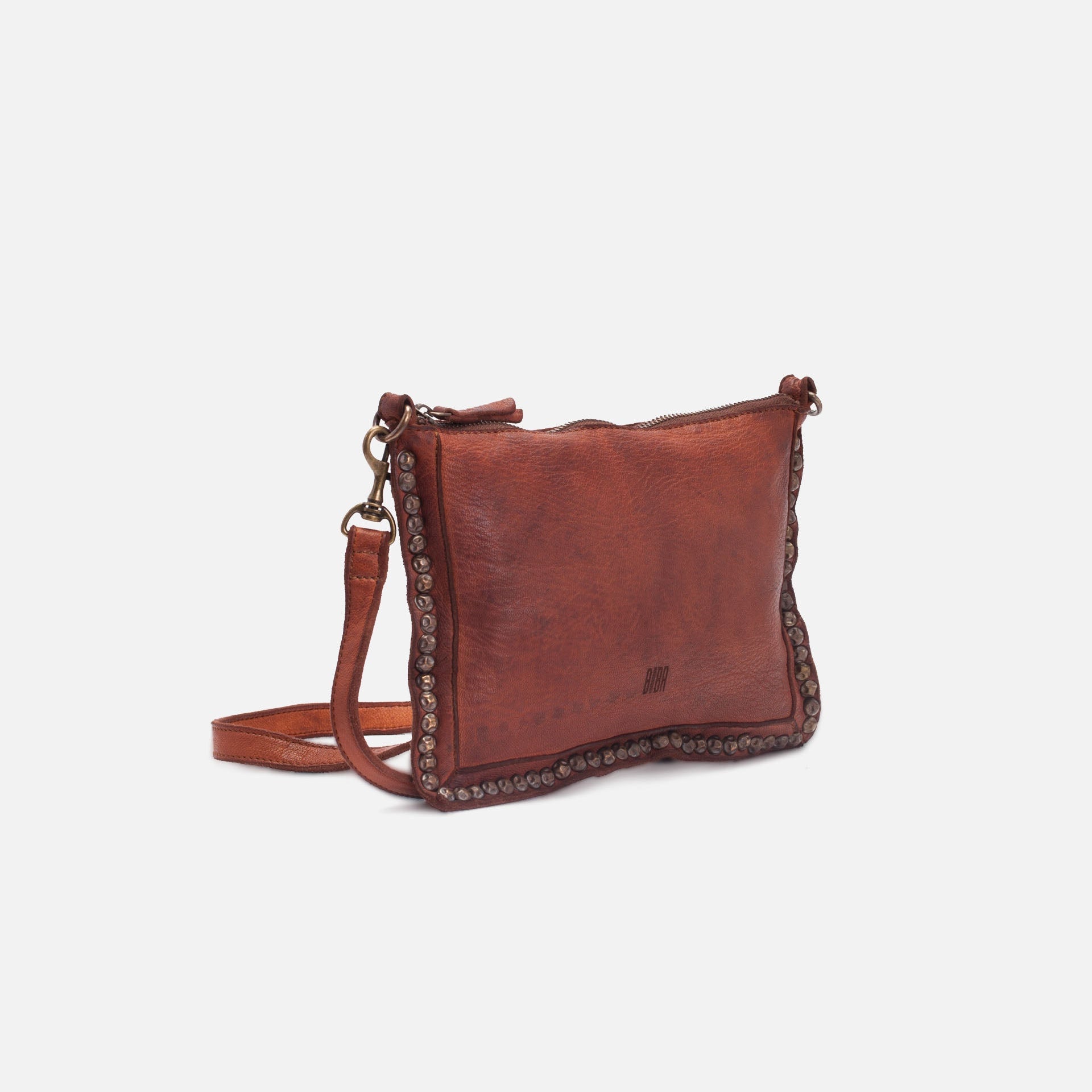 Brown leather crossbody bag with decorative studs on a white background