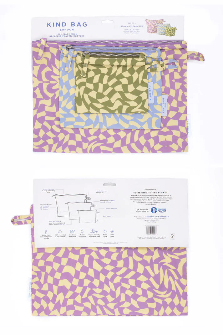 Set of 5 Kind Bag stand-up pouches in purple and yellow abstract pattern. Made from recycled plastic bottles.