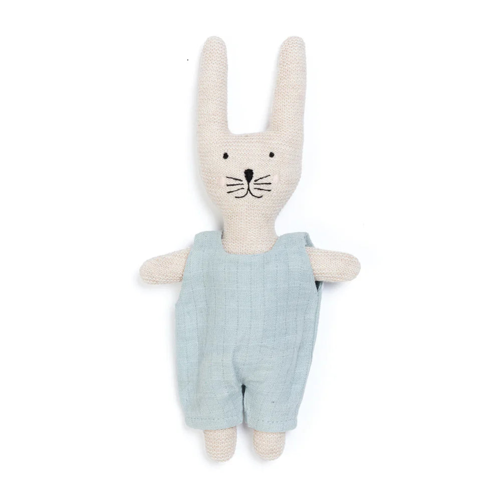 Knitted bunny toy wearing a light blue overall.