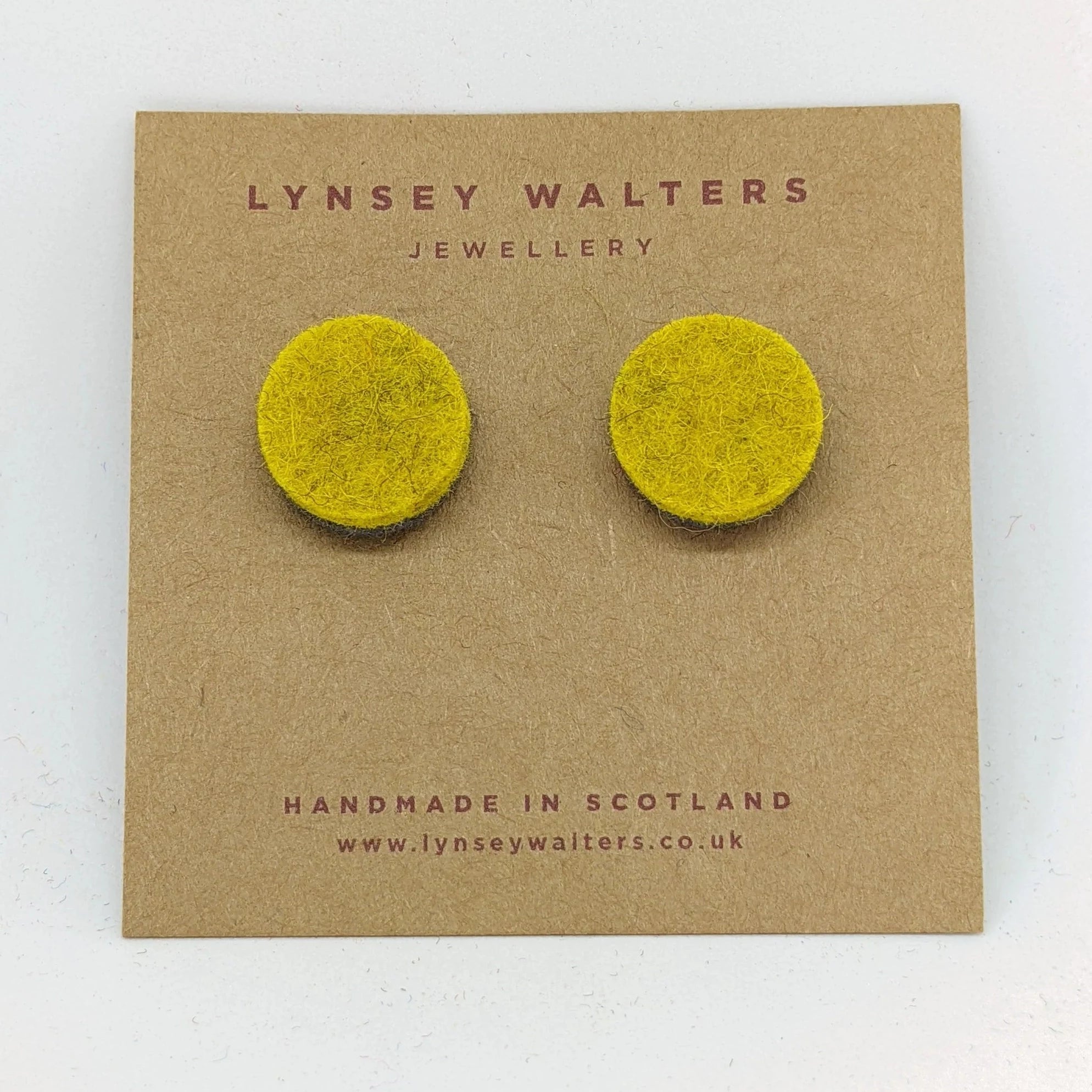 Pair of round yellow felt earrings. Handmade in Scotland.