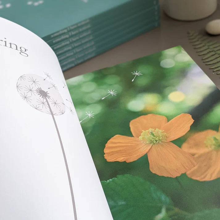 Open book page featuring a grayscale dandelion illustration and a vibrant orange flower photograph.