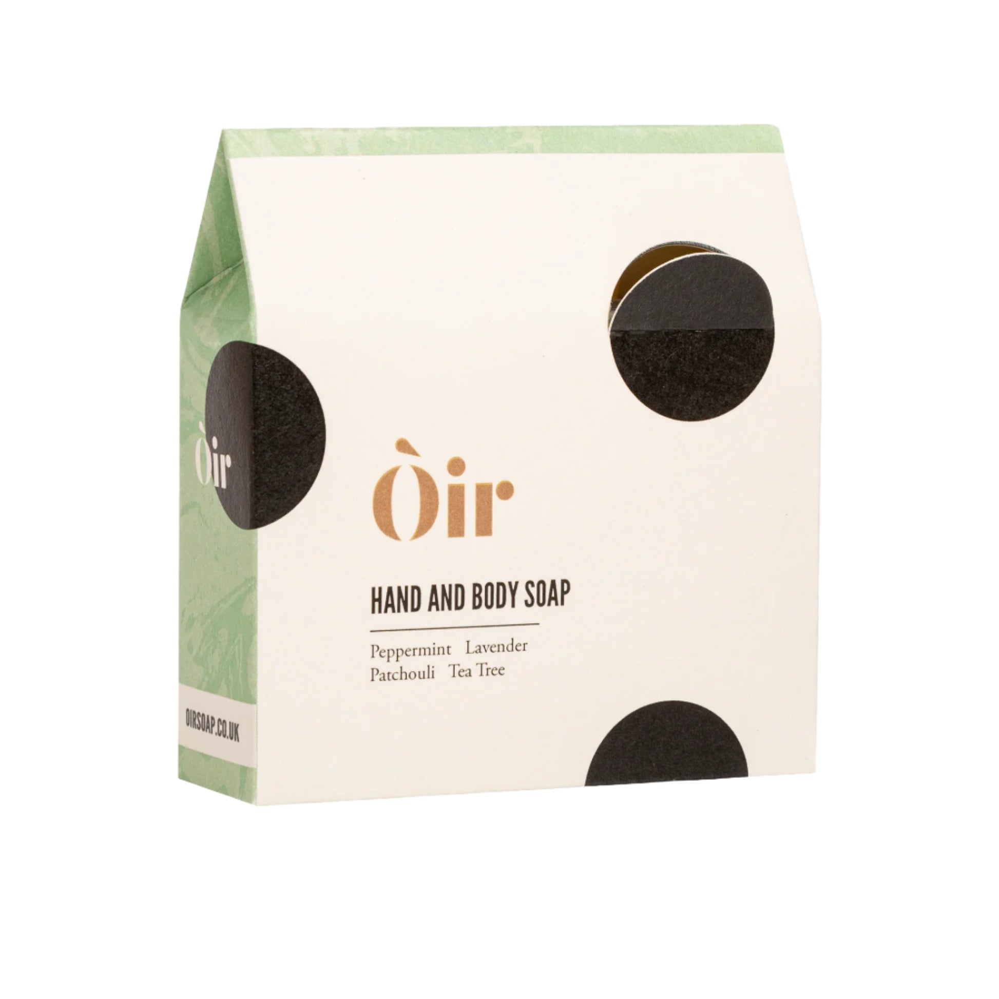 Oir Peppermint, Lavender, Patchouli and Tea Tree Soap shown in minimalist packing on a white background. 