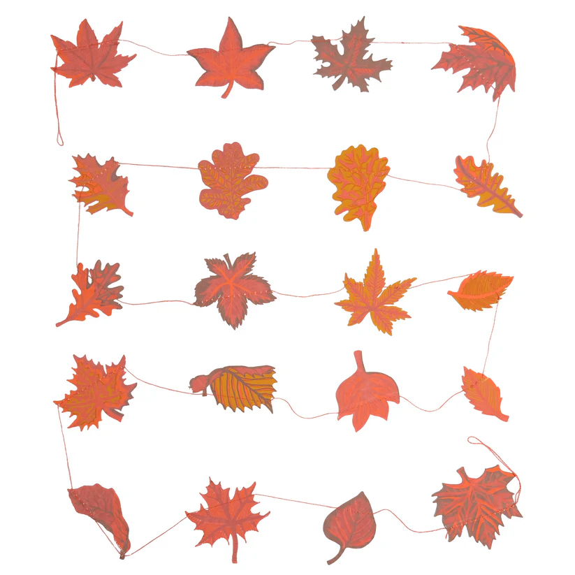 Autumn leaf garland with orange and red leaves of varying shapes strung on twine.