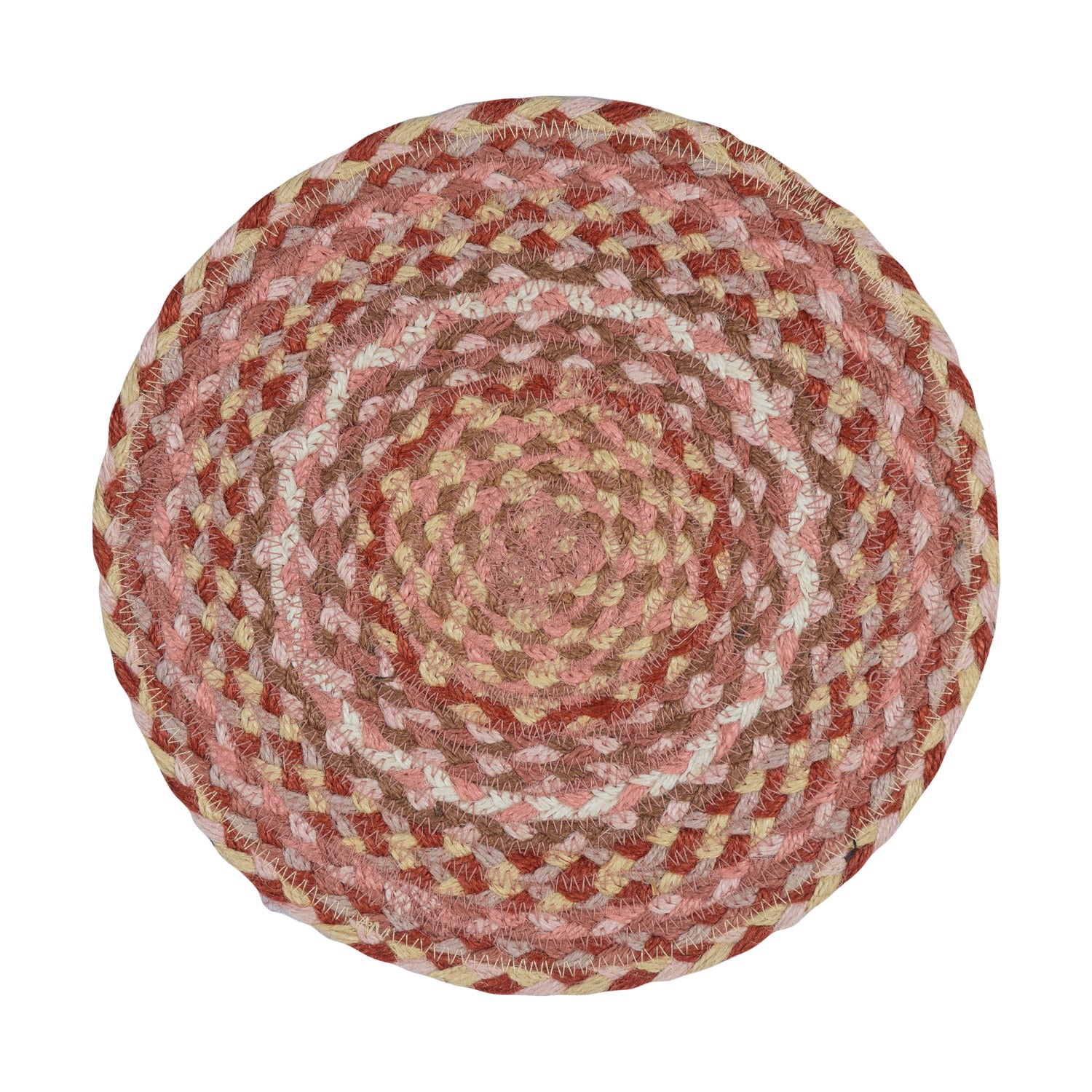 Round braided jute placemat in shades of pink, beige, and brown.