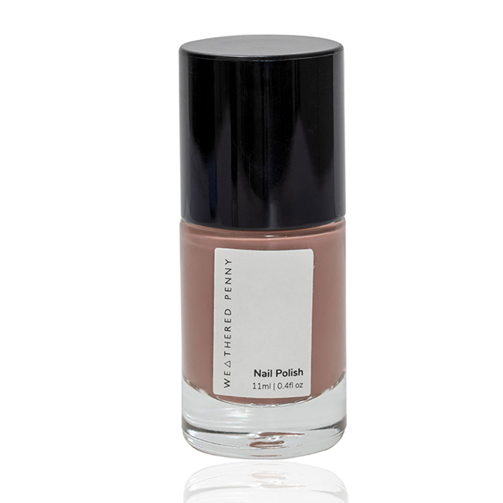 Weathered Penny nail polish bottle, 11ml, dusty rose color, black cap.