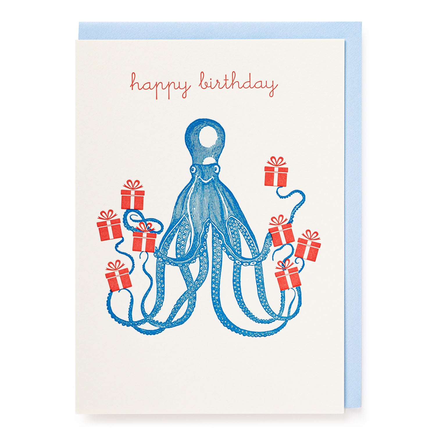 Birthday card featuring a blue octopus holding multiple red gift boxes. "Happy birthday" is printed at the top.