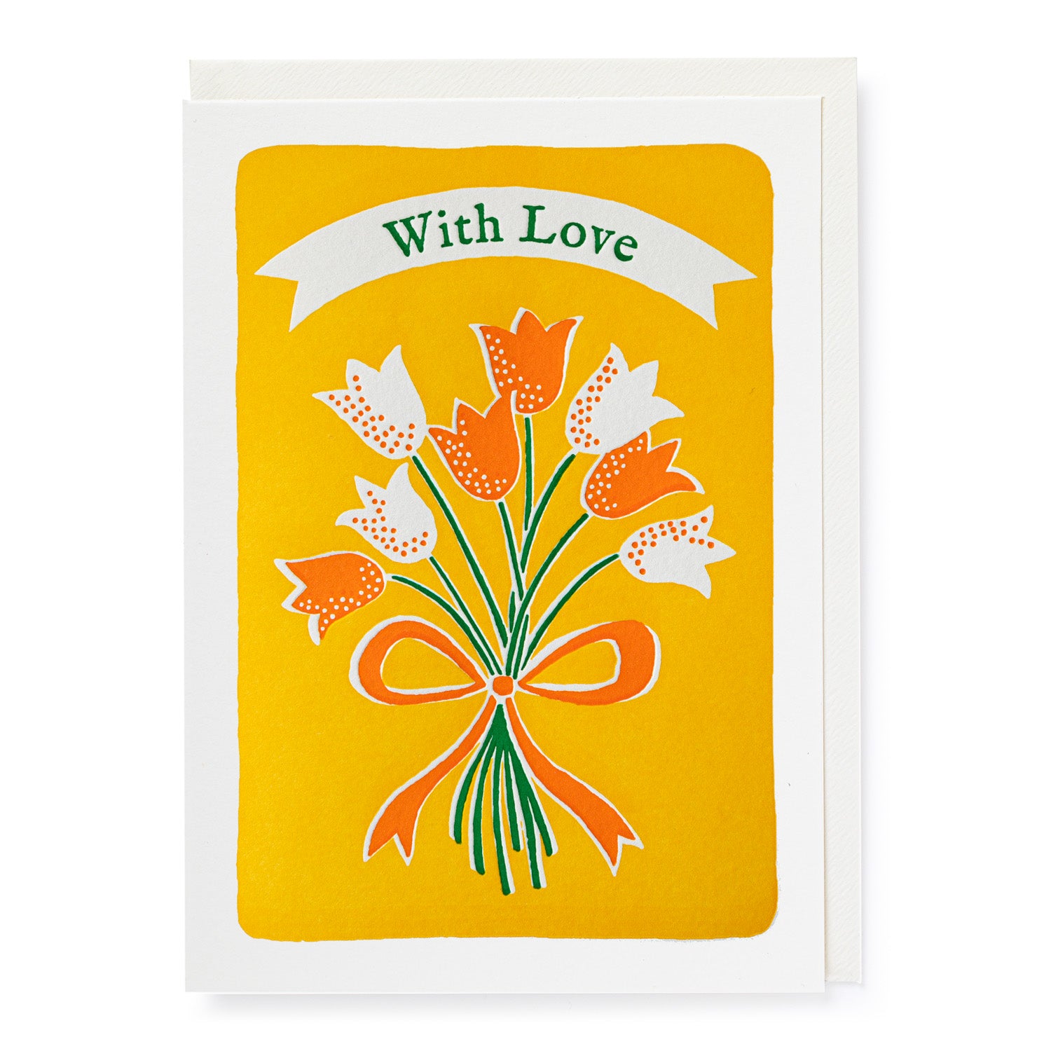 Greeting card featuring a bouquet of orange and white tulips tied with an orange ribbon, on a yellow background.