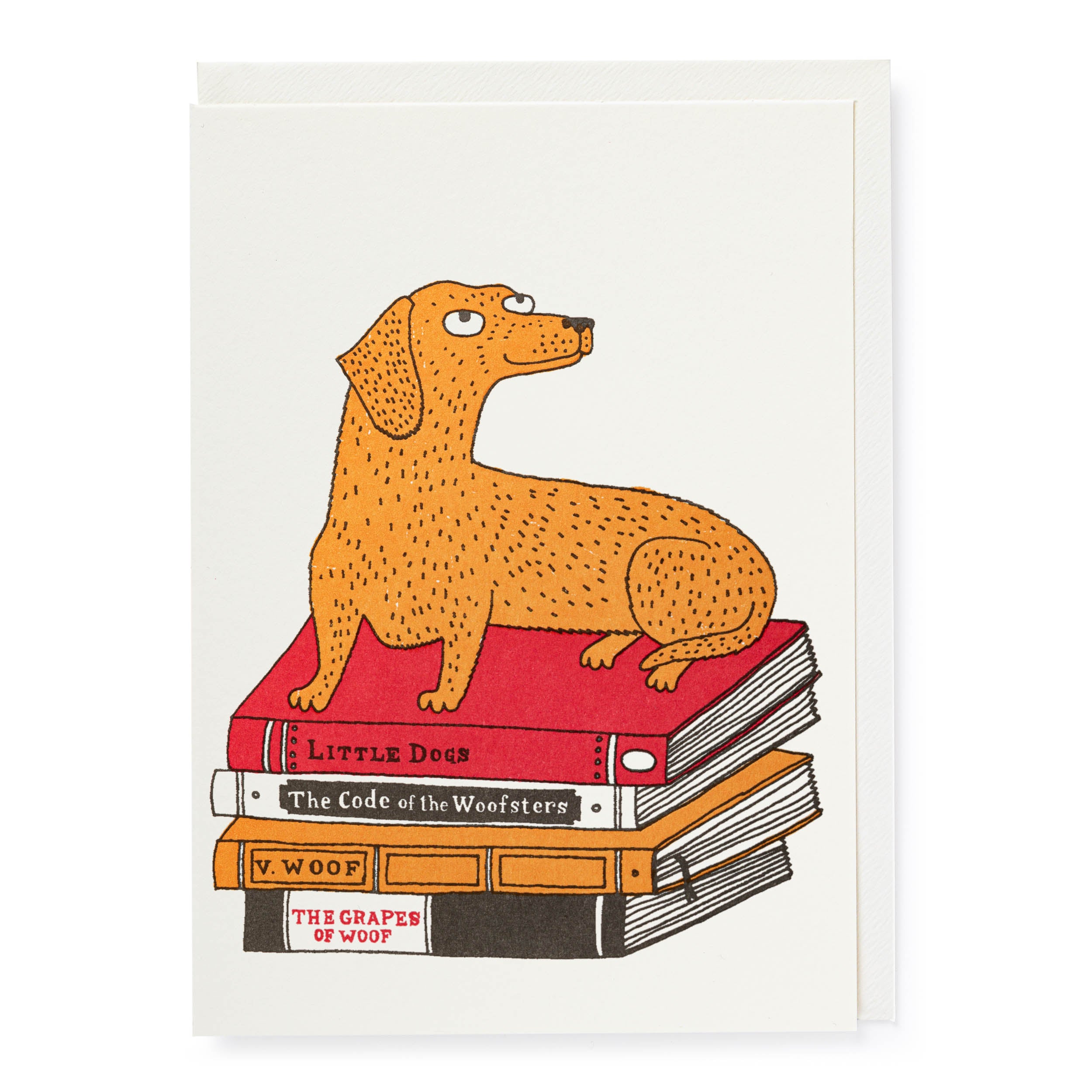 Illustration of an orange dachshund sitting atop a stack of books titled "Little Dogs," "The Code of the Woofsters," "V.