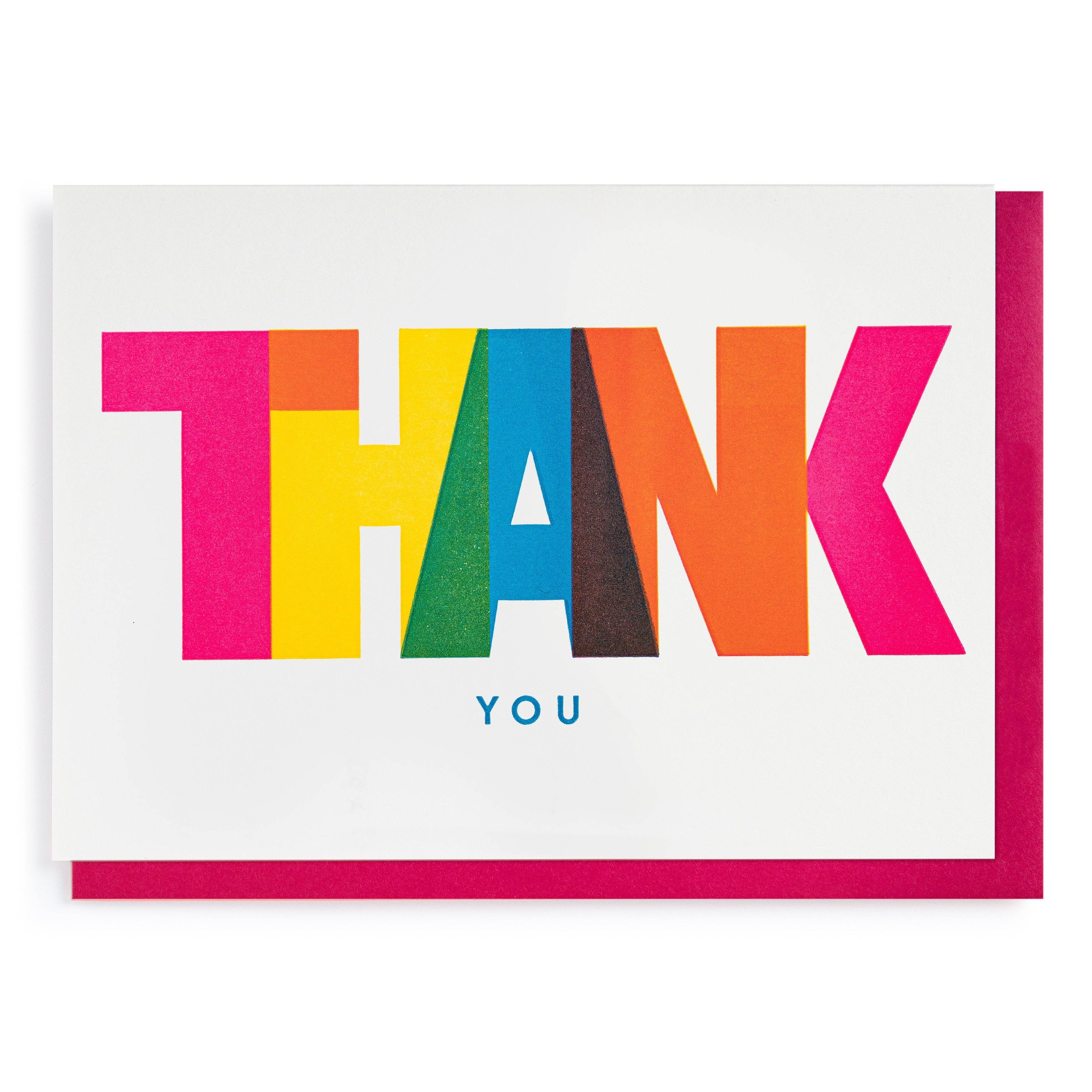 Rainbow-colored "THANK YOU" card with a pink envelope.