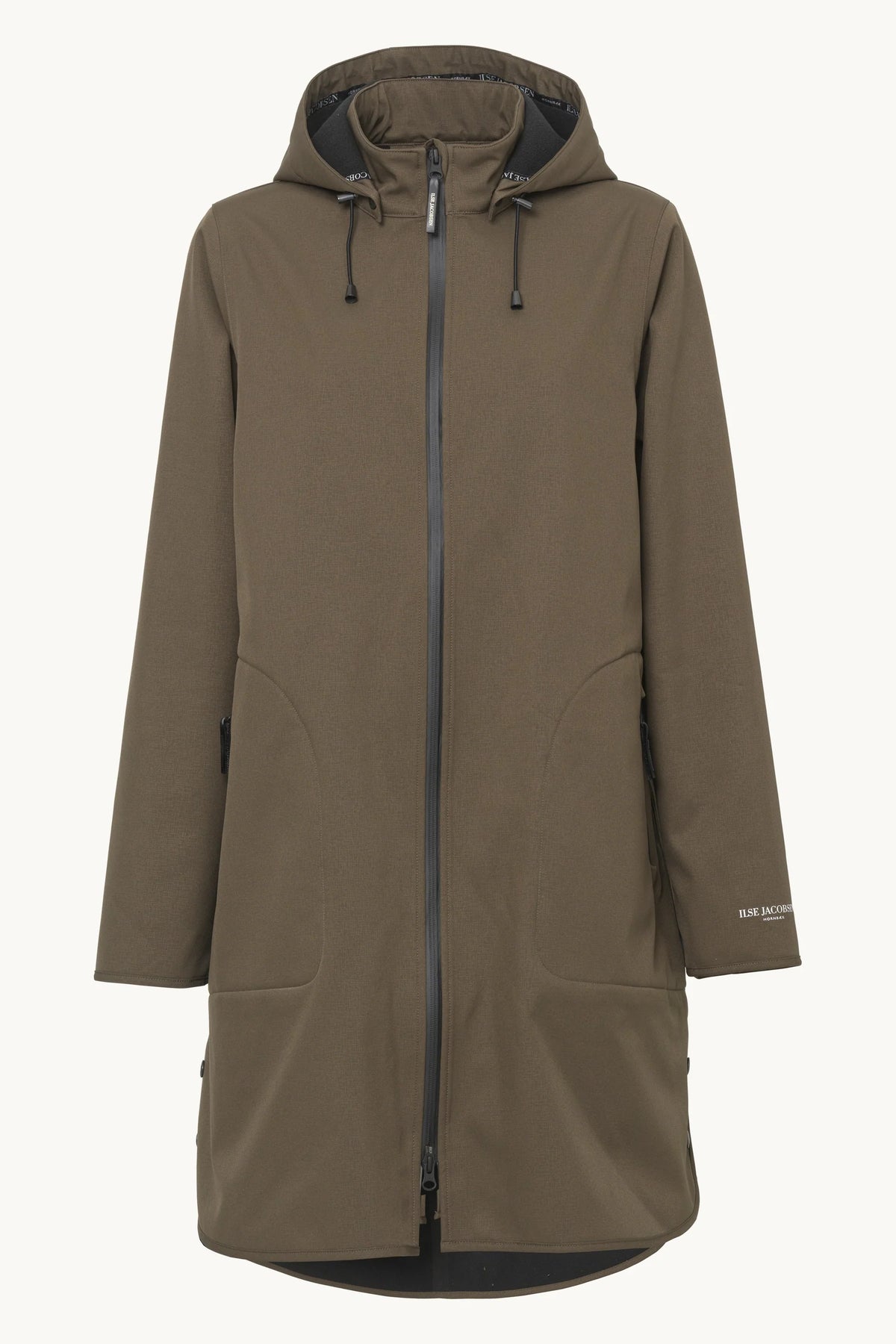 A mid-length hooded jacket in a muted olive-brown color, featuring a full front zipper, drawstring hood, and large front patch pockets, shown against a plain off-white background.
